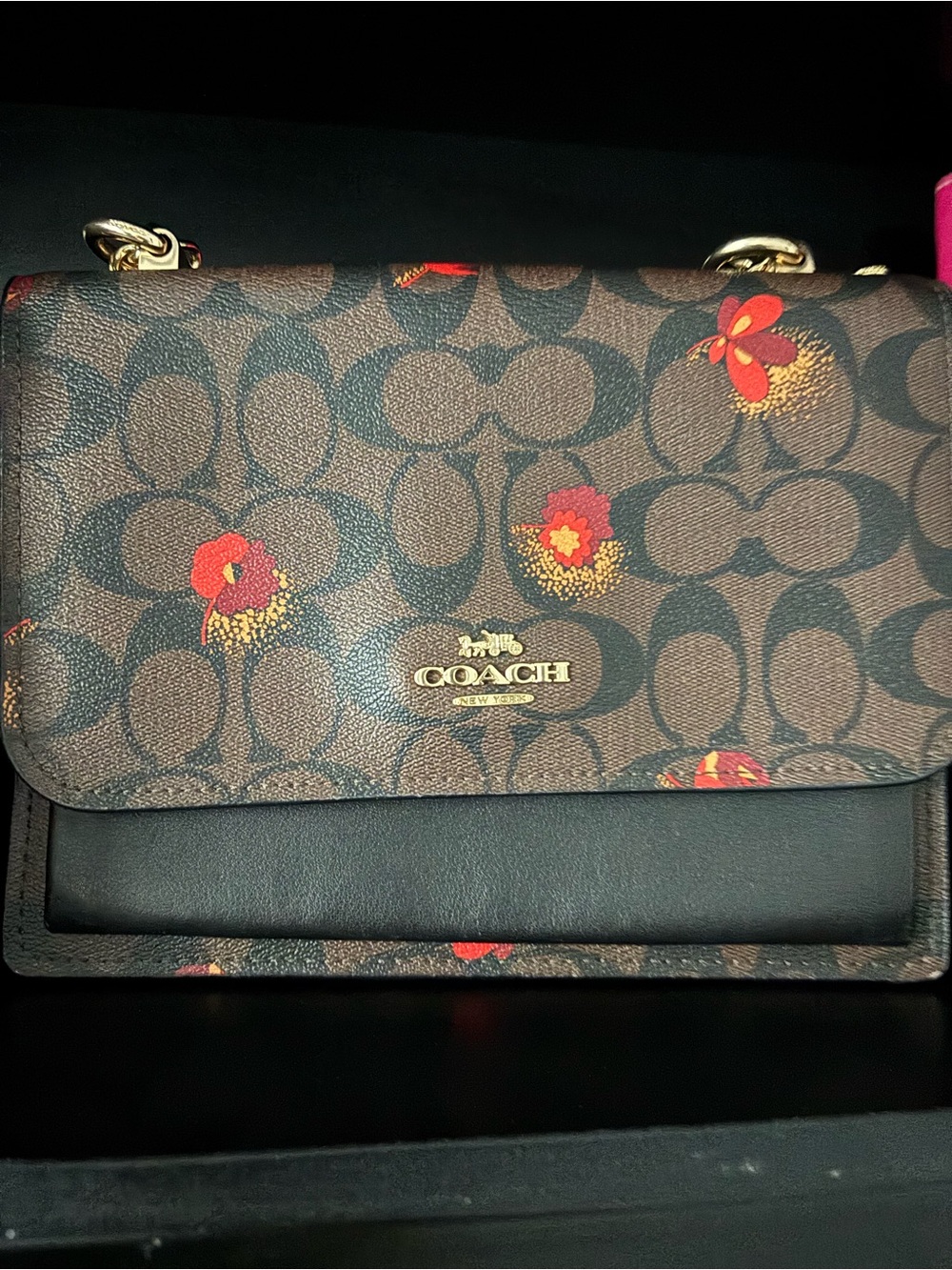 COACH Brown Signature Floral Convertible Crossbody with Red Accents